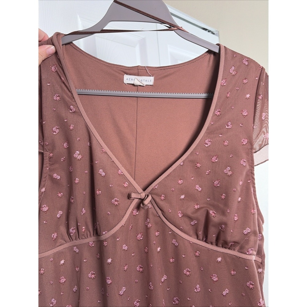 Aeropostale Floral Mesh Mini Dress Womens Size XL Brown Pink Y2K Boho Flocked - Picture 3 of 6